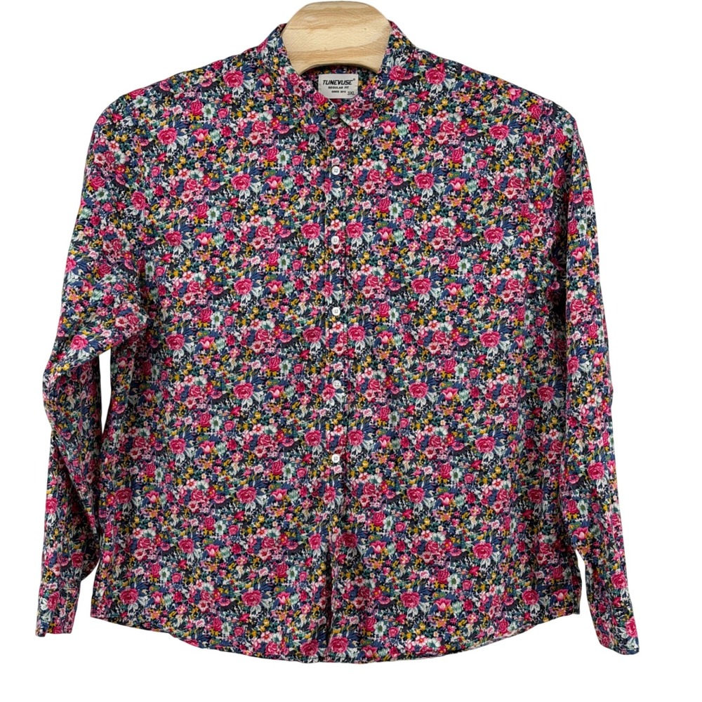 Tunevuse Button Down Mens 3XL Multicolor Floral Print Regular Fit Cotton Shirt